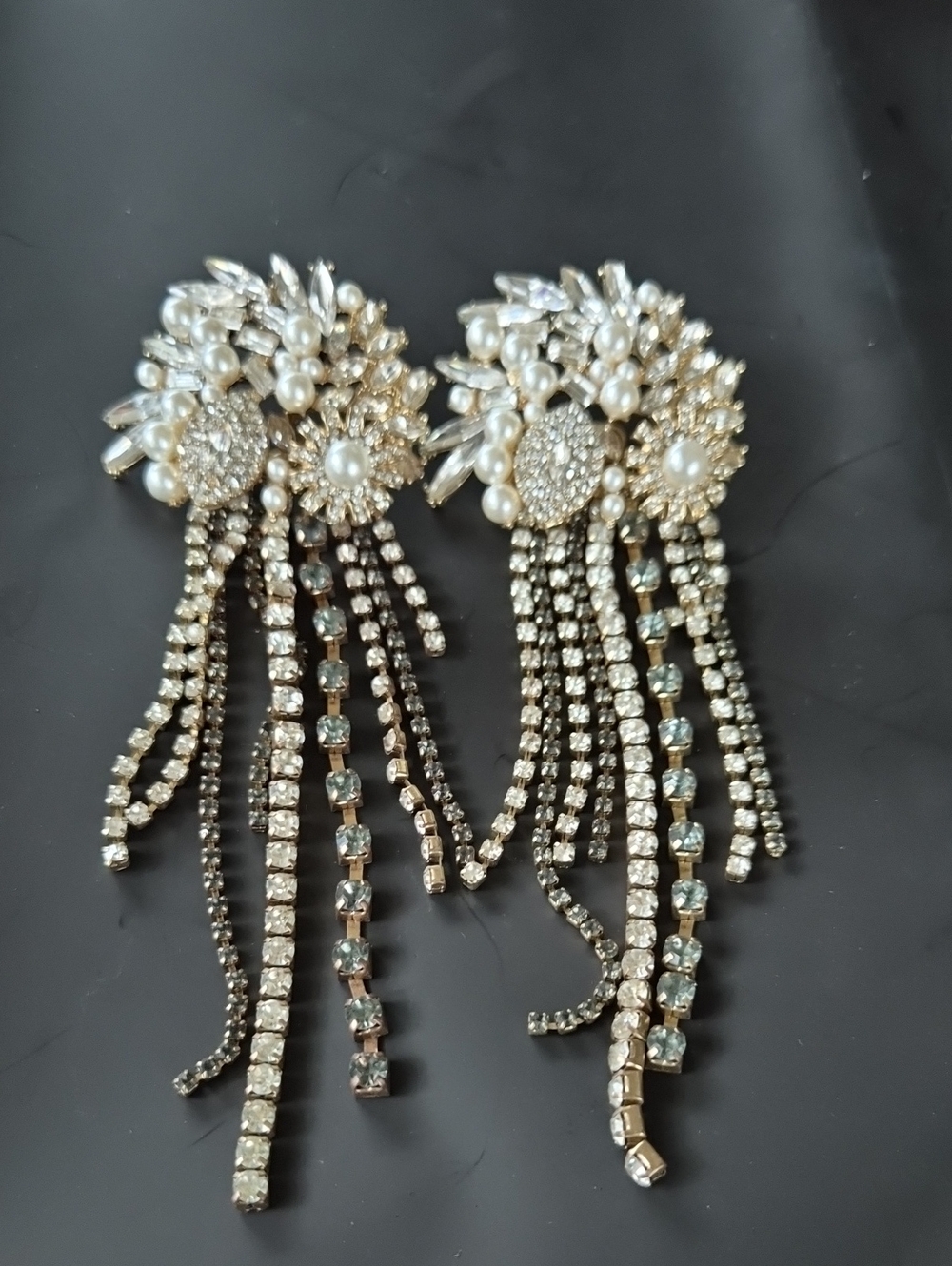 Pearl and Rhinestone Fringe Statement Earrings